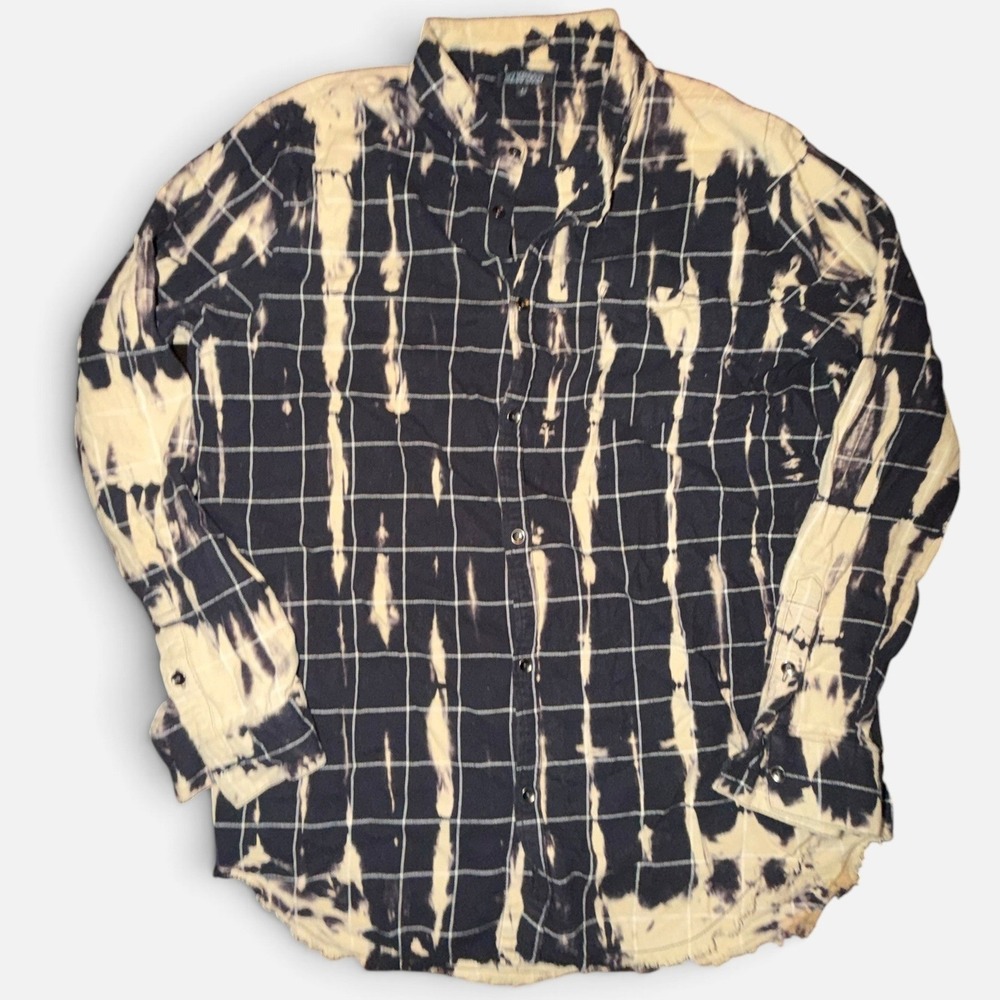 Elwood Mens Acid Wash Bleach Grid Shirt Black Cream Distressed Raw Hem Large